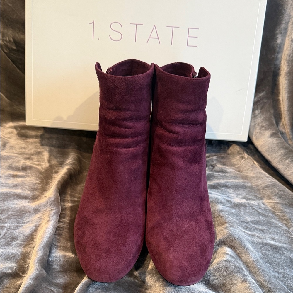 1. State Women's Deep Plum/Oxblood Suede Ankle Booties, Style Name “Jacend” , 8M